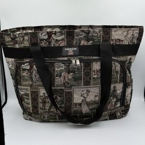 American‎ Uni Golf Scene Tapestry Tote Bag Front Zip Pocket Carryall